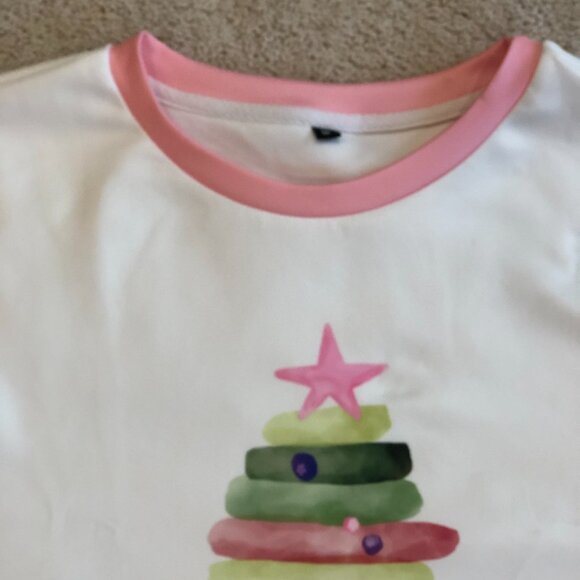 NWOT Pink White Christmas Round Neck Long Sleeve Sweater Sweatshirt Top Blouse - Picture 4 of 9